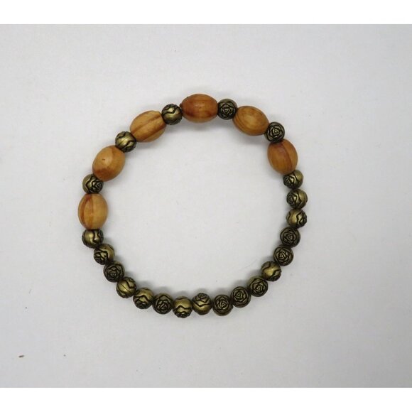 Beaded Bracelet Natural Wood Metal Beads Rose Embellished Brass Tone Stretch - Picture 4 of 5